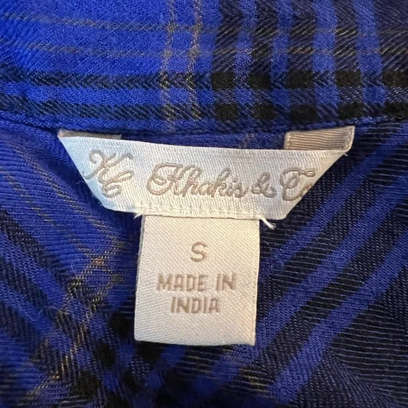 KC Khakis & Co Blue Black Plaid Button Down Shirt Rayon Roll Tab Sleeve Blouse - Picture 8 of 10